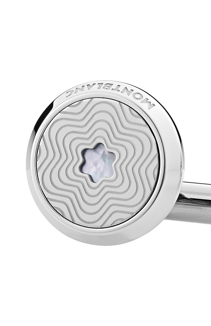 أزرار أكمام مون بلان دائرية من الفولاذ المقاوم للصدأ بنمط نجمة متفجرة وشعار ثلجي من عرق اللؤلؤ