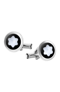 أزرار أكمام مونت بلانك دائرية من الفولاذ المقاوم للصدأ مع تطعيم باللون الأسود من مادة PVD وشعار من عرق اللؤلؤ