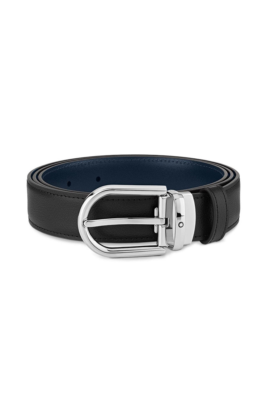 حزام جلدي قابل للعكس من Montblanc Horseshoe بإبزيم أسود/أزرق مقاس 30 مم من Paladium