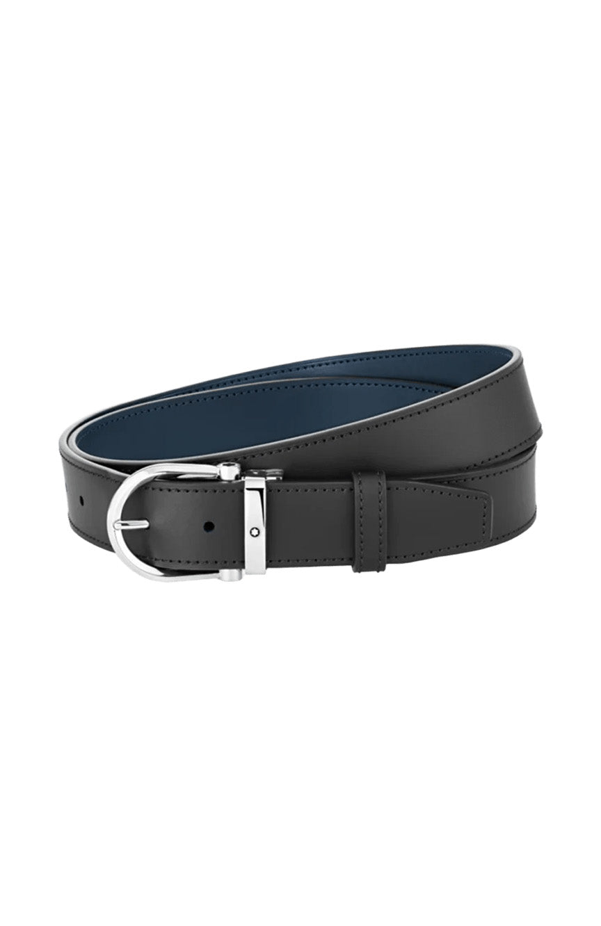 حزام جلدي قابل للعكس من Montblanc Horseshoe بإبزيم أسود/أزرق مقاس 35 مم