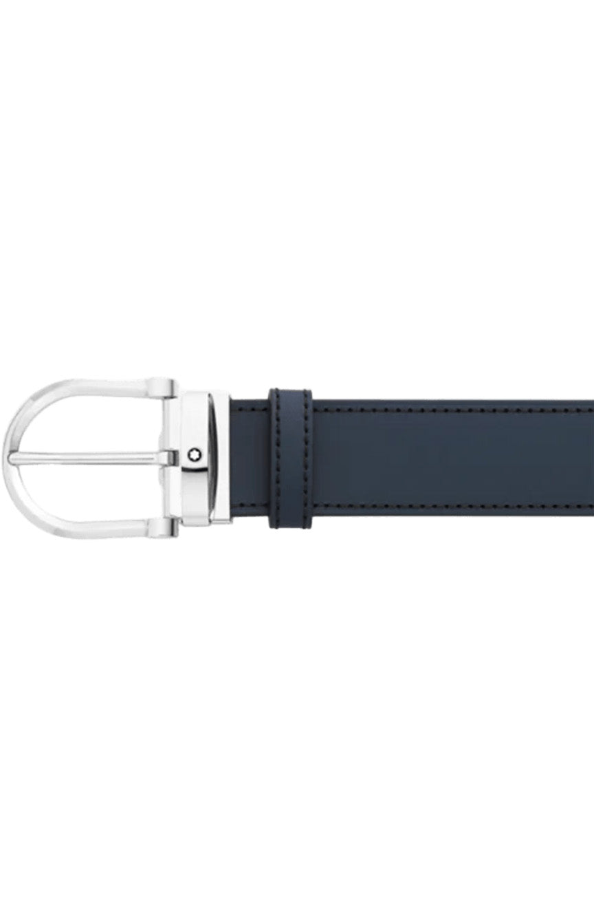 حزام جلدي قابل للعكس من Montblanc Horseshoe بإبزيم أسود/أزرق مقاس 35 مم