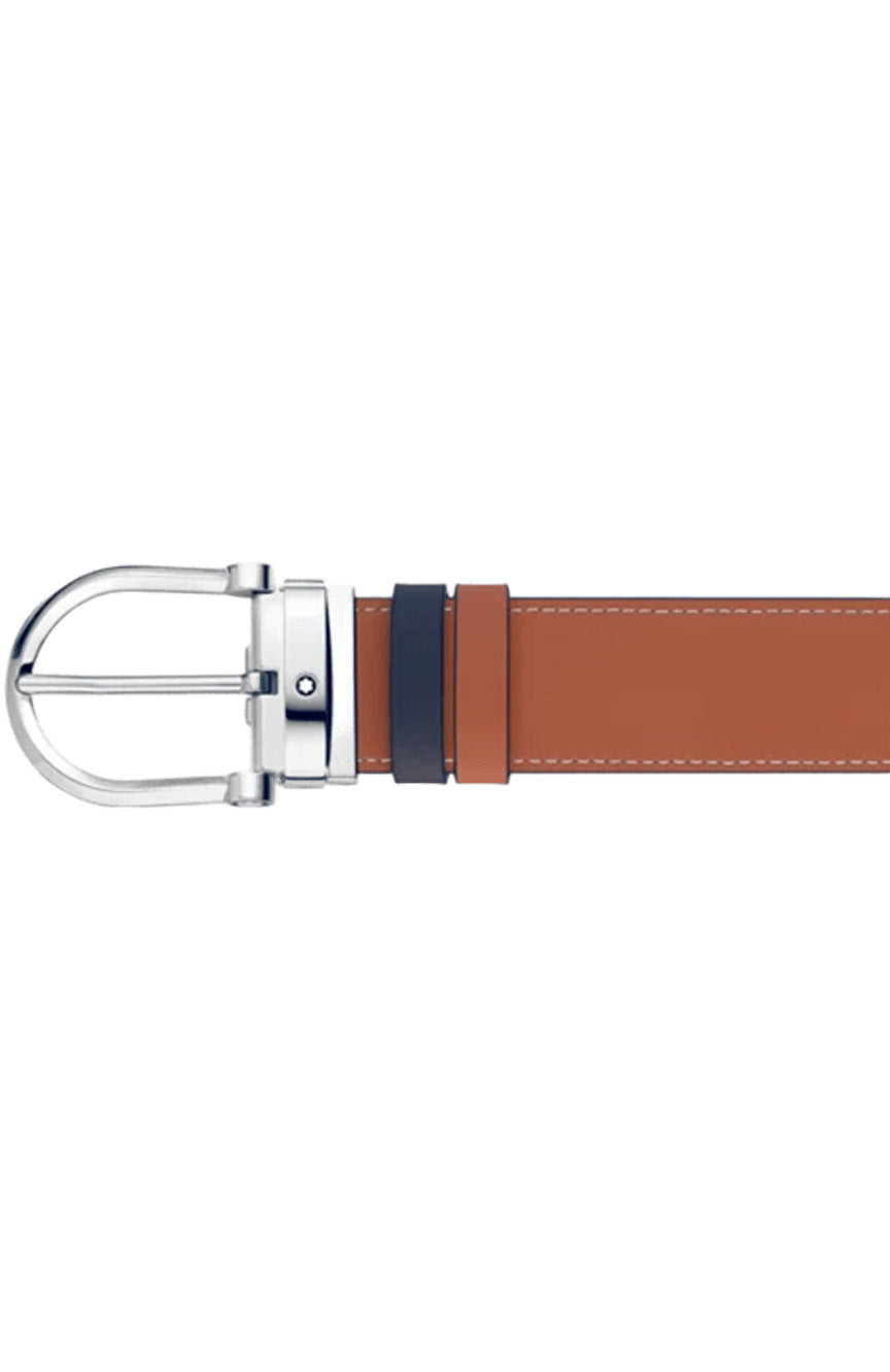 حزام جلدي قابل للعكس من Montblanc Horseshoe باللون الأزرق/البني مقاس 35 مم