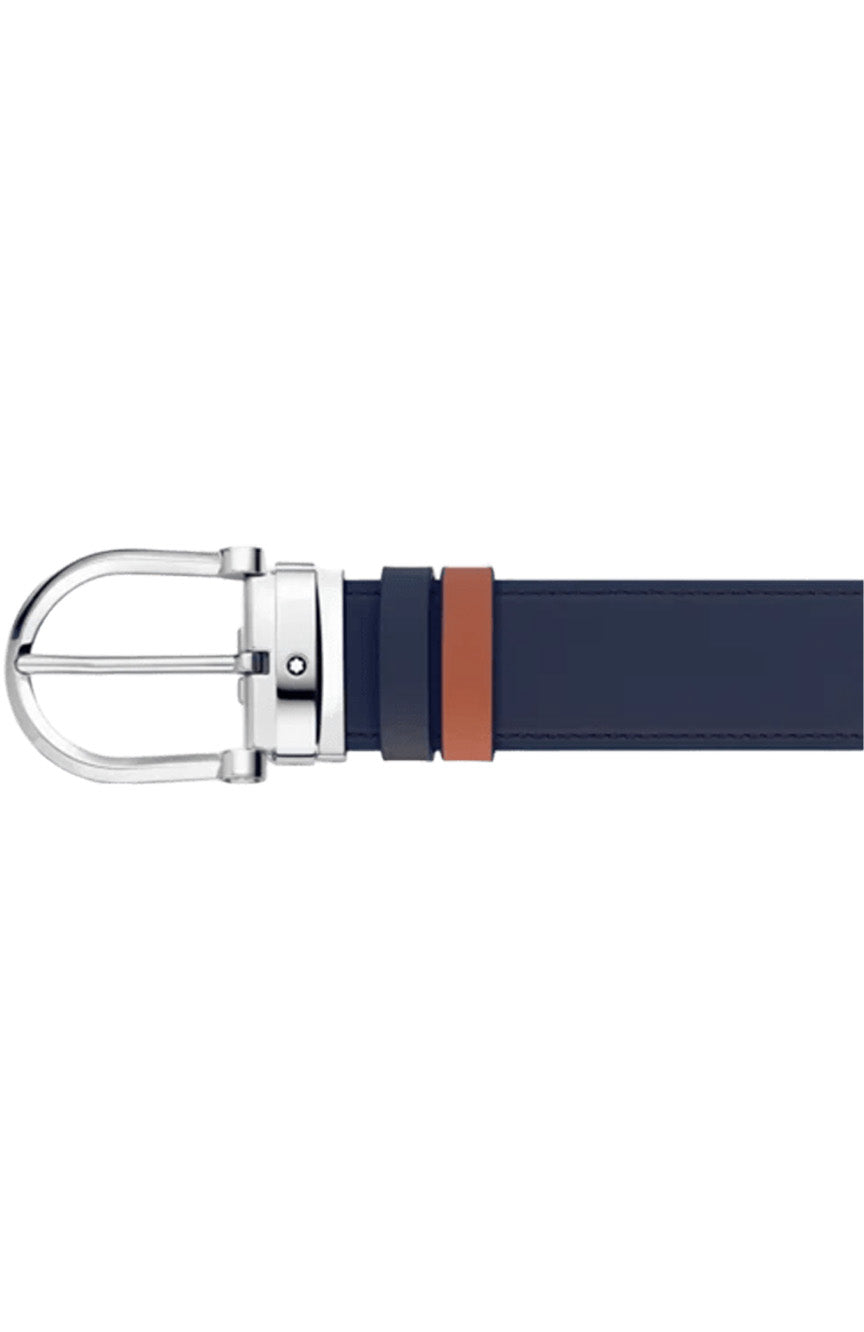 حزام جلدي قابل للعكس من Montblanc Horseshoe باللون الأزرق/البني مقاس 35 مم