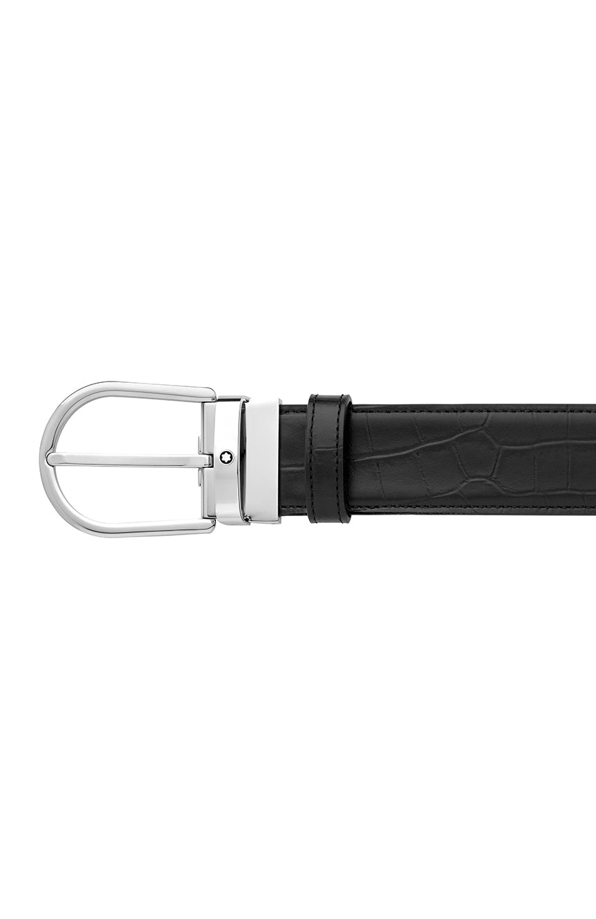 حزام جلدي قابل للعكس من Montblanc مطبوع عليه مشبك حدوة الحصان باللون الأسود/الأسود العادي مقاس 35 مم