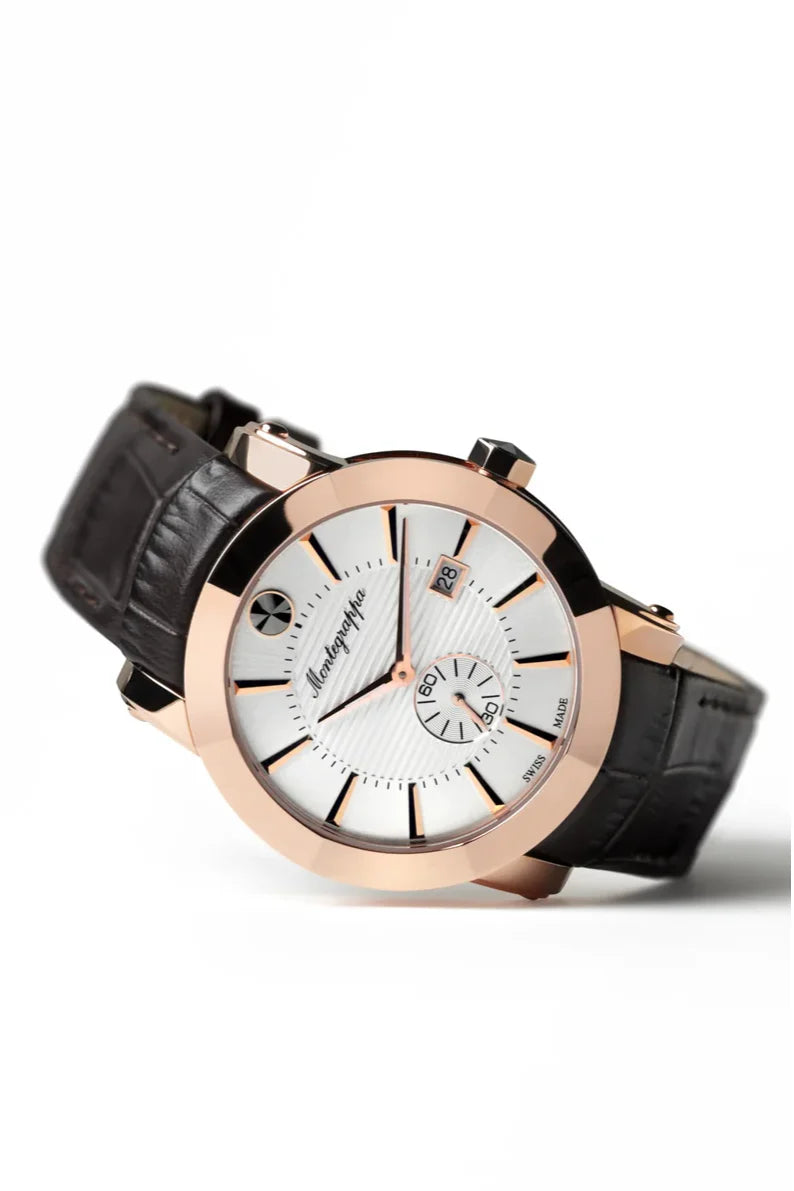 Montegrappa NeroUno Three-Hands Watch, Rose Gold PVD, Silver Dial, Black Leather Strap