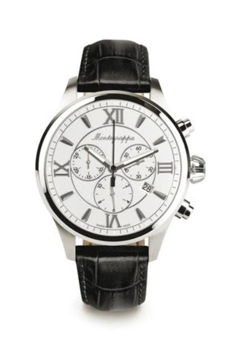 Montegrappa Fortuna Chronograph, Steel, Silver Dial, Black Leather Strap