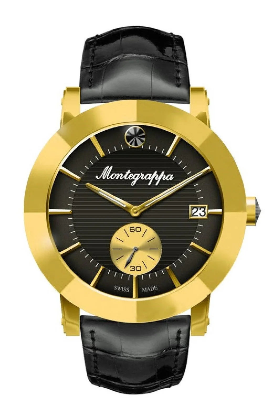 Montegrappa Nerouno Lady Watch, Yellow Gold PVD Case, Black Leather Strap, Black Dial