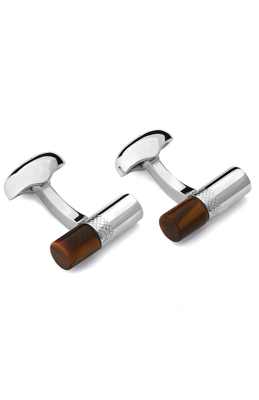 Babette Wasserman Stone Bar Cufflinks, Tigers Eye - Base Metal, Rhodium Plated, Tigers Eye