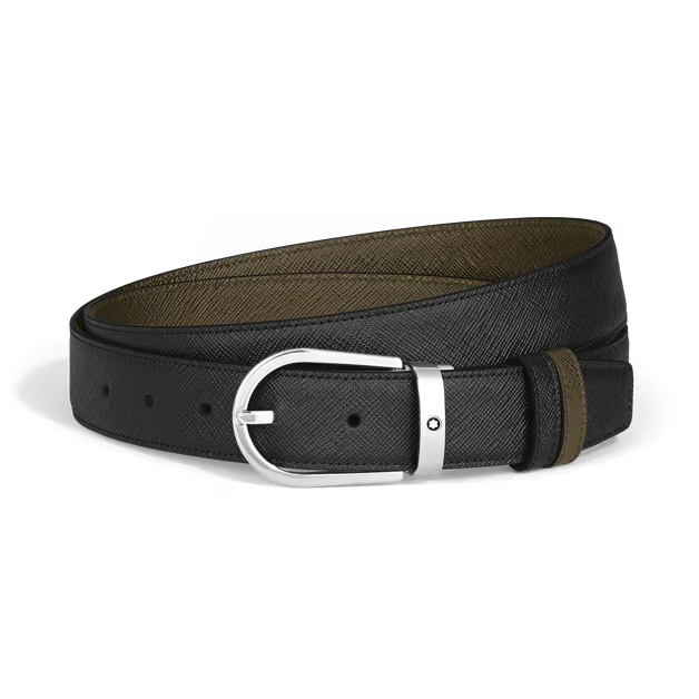 Montblanc Horseshoe 30 mm Reversible Belt in Sartorial Leather Black/Olive Green