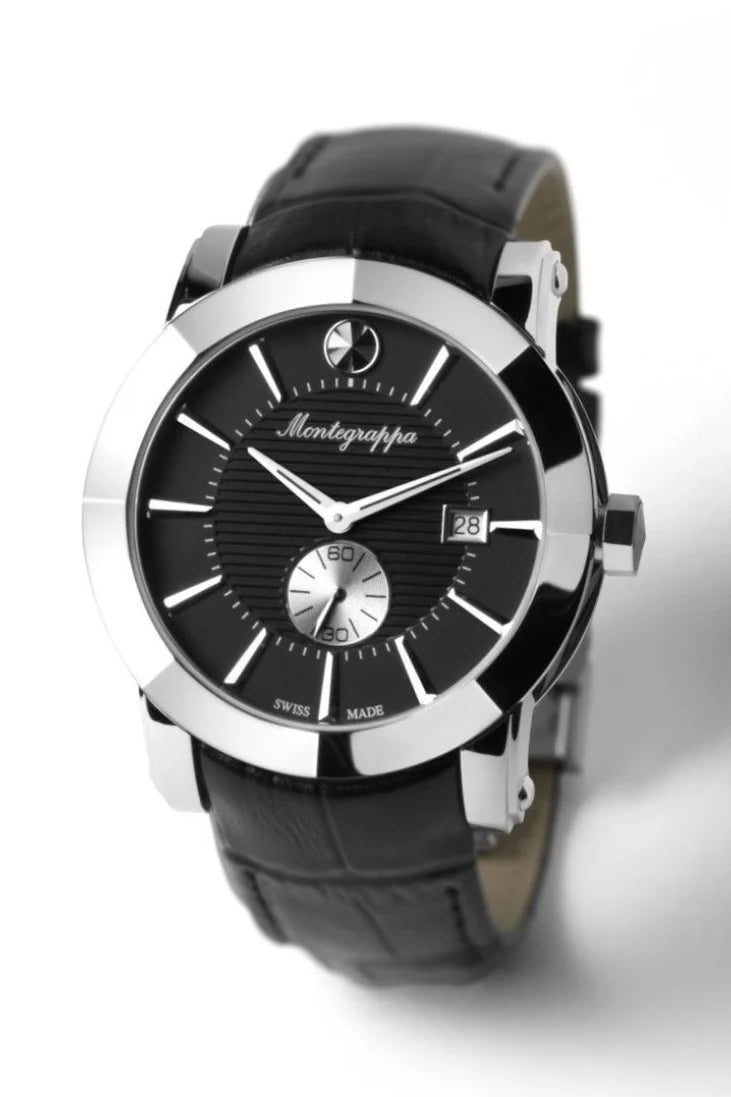 Montegrappa NeroUno Three-Hands Watch, Steel, Black Dial, Black Leather Strap