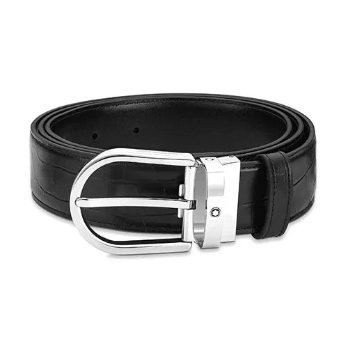 حزام جلدي قابل للعكس من Montblanc مطبوع عليه مشبك حدوة الحصان باللون الأسود/الأسود العادي مقاس 35 مم