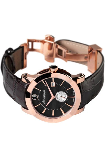 Montegrappa NeroUno Three-Hands Watch, Rose Gold PVD, Black Dial, Black Leather Strap
